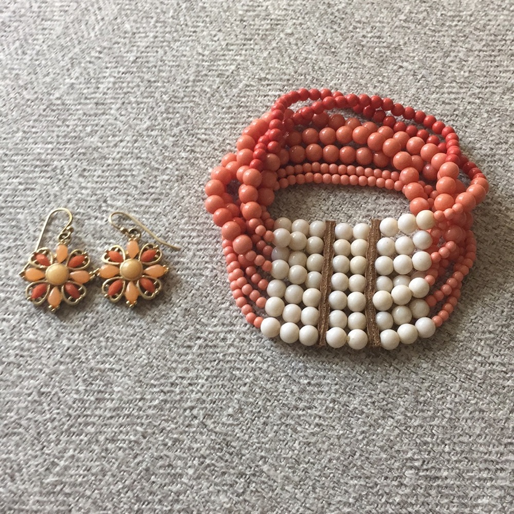 Earrings and Bracelet Combo in Coral & Gold Color